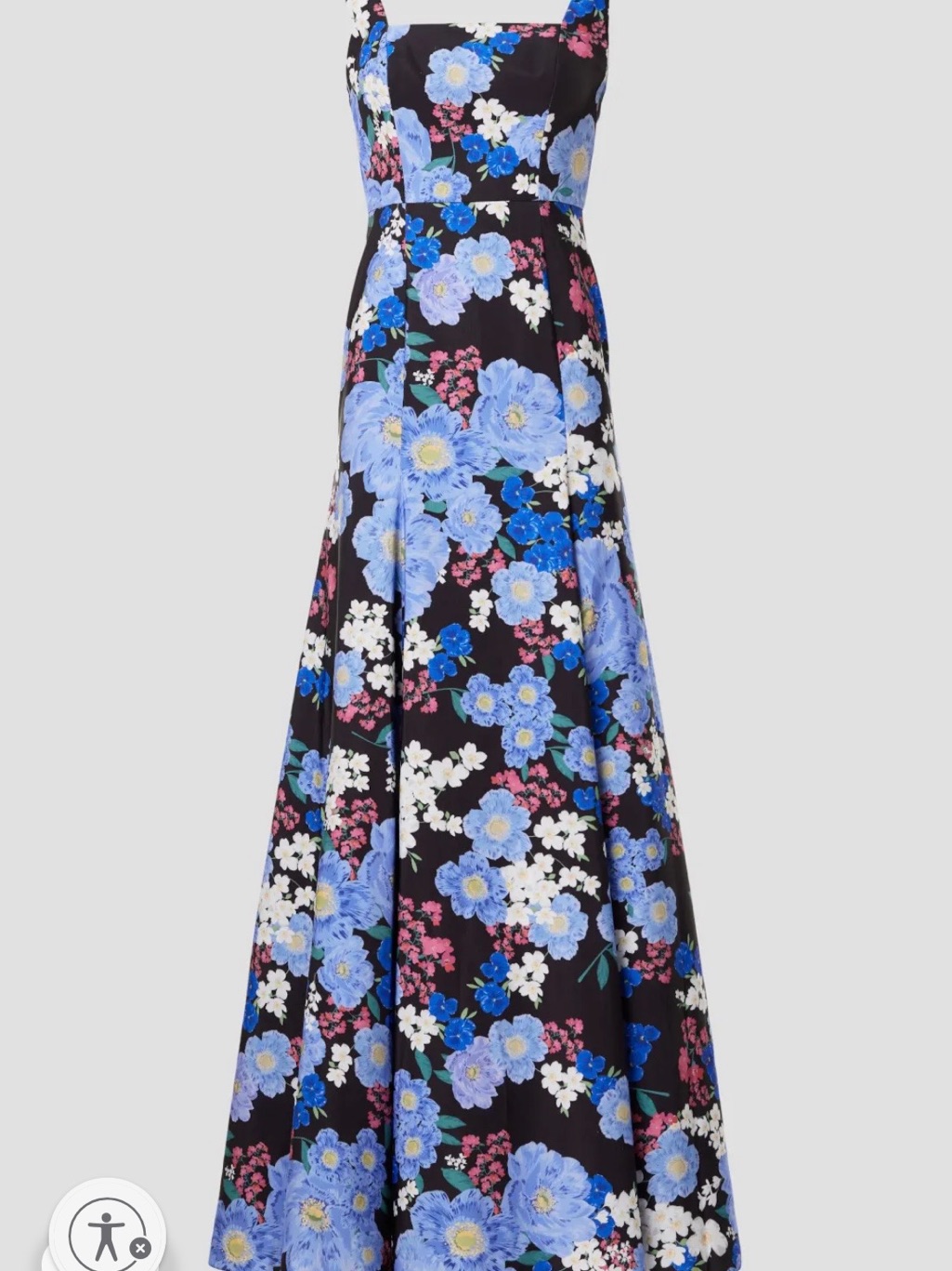Zac Posen Black Floral Floor Length Dress With Blue And White Blooms